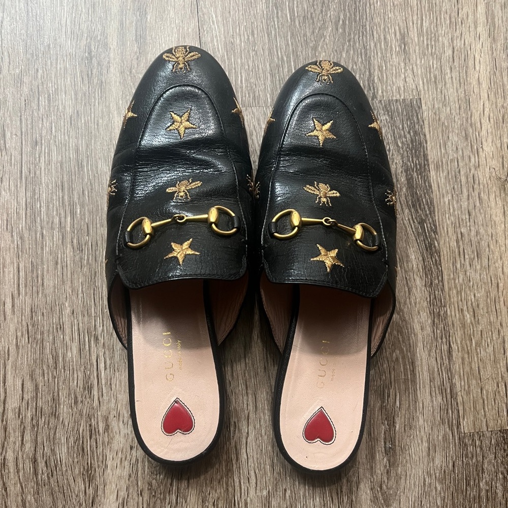 Gucci Black and Gold Embroidered Mules